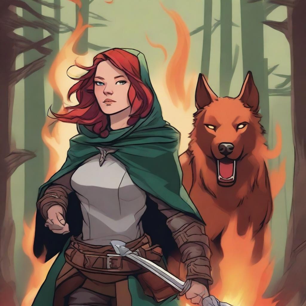 A Dungeons & Dragons 5th Edition style illustration of a female Shifter with red hair, blue eyes, and red wolf ears