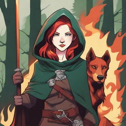 A Dungeons & Dragons 5th Edition style illustration of a female Shifter with red hair, blue eyes, and red wolf ears