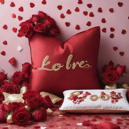 A website banner featuring an array of personalized gifting products such as heart-shaped cushions, engraved jewellery, custom love letters, scattered amidst a backdrop of red roses, decorative hearts and confetti, projecting the spirit of Valentine's Day.