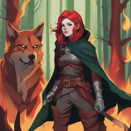 A Dungeons & Dragons 5th Edition style illustration of a female Shifter with red hair, blue eyes, and red wolf ears