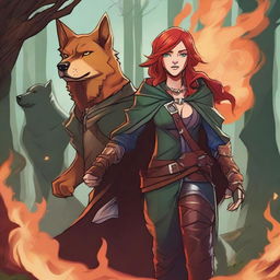 A Dungeons & Dragons 5th Edition style illustration of a female Shifter with red hair, blue eyes, and red wolf ears