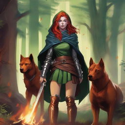 A Dungeons & Dragons 5th Edition Shifter female with red hair, blue eyes, and red wolf ears, wearing leather armor and a hooded cloak in forest green and crimson