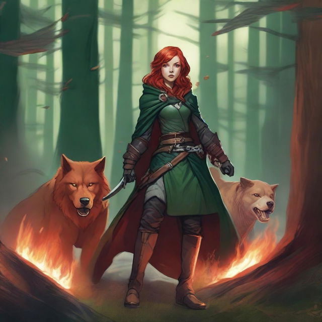 A Dungeons & Dragons 5th Edition Shifter female with red hair, blue eyes, and red wolf ears, wearing leather armor and a hooded cloak in forest green and crimson