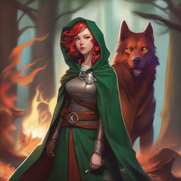 A Dungeons & Dragons 5th Edition Shifter female with red hair, blue eyes, and red wolf ears, wearing leather armor and a hooded cloak in forest green and crimson