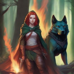 A Dungeons & Dragons 5th Edition Shifter female with red hair, blue eyes, and red wolf ears, wearing leather armor and a hooded cloak in forest green and crimson