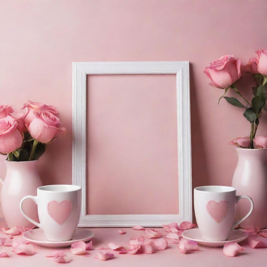 A vertical website banner portraying a series of personalized gifts for Valentine's: mugs, tumblers, MDF photo frames and collage photo frames. All displayed against a romantic background of soft pink hues, scattered rose petals and heart motifs.