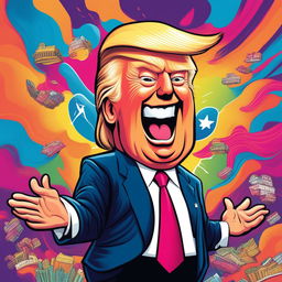 A humorous and light-hearted cartoonish image of Donald Trump engaging in an exaggerated activity with a vibrant and colorful background