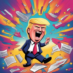 A humorous and light-hearted cartoonish image of Donald Trump engaging in an exaggerated activity with a vibrant and colorful background