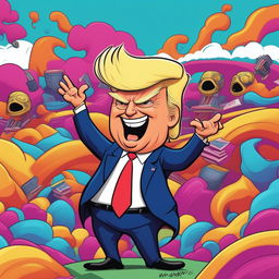 A humorous and light-hearted cartoonish image of Donald Trump engaging in an exaggerated activity with a vibrant and colorful background