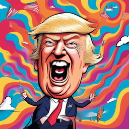 A humorous and light-hearted cartoonish image of Donald Trump engaging in an exaggerated activity with a vibrant and colorful background