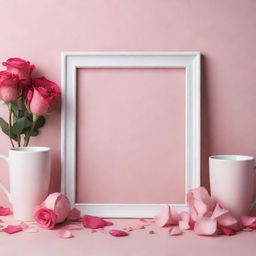 A vertical website banner portraying a series of personalized gifts for Valentine's: mugs, tumblers, MDF photo frames and collage photo frames. All displayed against a romantic background of soft pink hues, scattered rose petals and heart motifs.