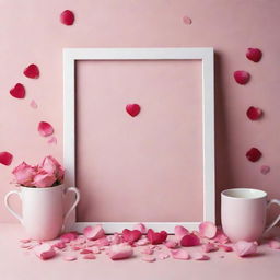 A vertical website banner portraying a series of personalized gifts for Valentine's: mugs, tumblers, MDF photo frames and collage photo frames. All displayed against a romantic background of soft pink hues, scattered rose petals and heart motifs.