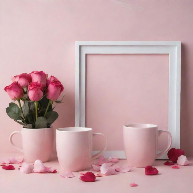 A vertical website banner portraying a series of personalized gifts for Valentine's: mugs, tumblers, MDF photo frames and collage photo frames. All displayed against a romantic background of soft pink hues, scattered rose petals and heart motifs.