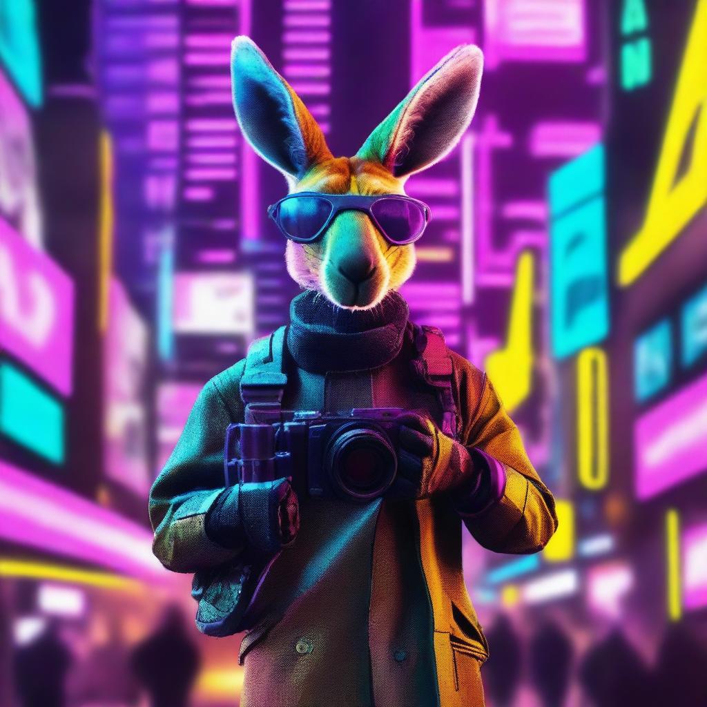 A cyberpunk kangaroo film maker in a futuristic cityscape, surrounded by neon lights and advanced technology