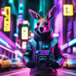 A cyberpunk kangaroo film maker in a futuristic cityscape, surrounded by neon lights and advanced technology