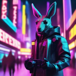 A cyberpunk kangaroo film maker in a futuristic cityscape, surrounded by neon lights and advanced technology