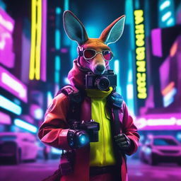 A cyberpunk kangaroo film maker in a futuristic cityscape, surrounded by neon lights and advanced technology