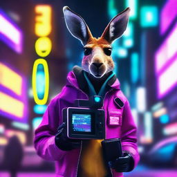 A cyberpunk kangaroo film maker in a futuristic cityscape, surrounded by neon lights and advanced technology