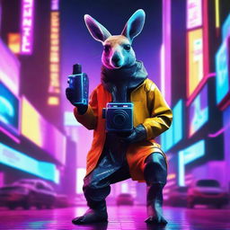 A cyberpunk kangaroo film maker in a futuristic cityscape, surrounded by neon lights and advanced technology