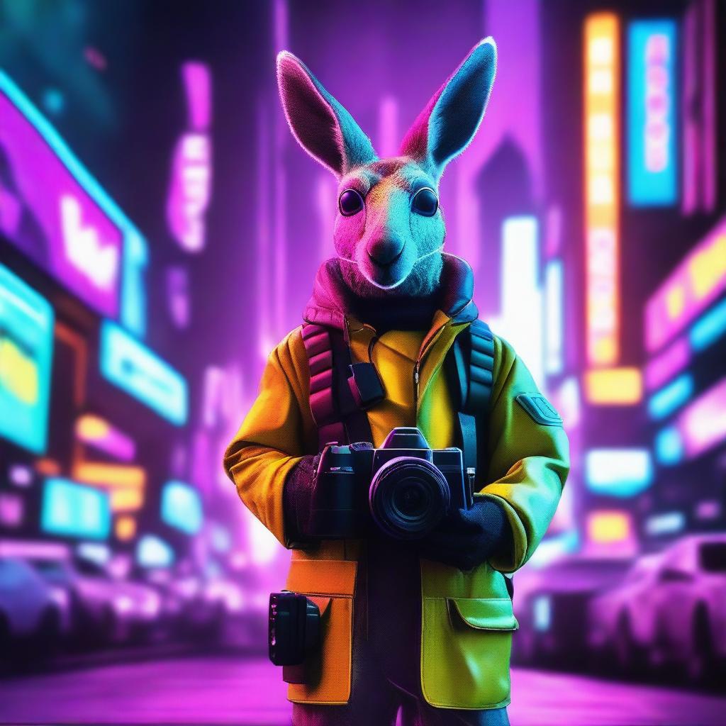 A cyberpunk kangaroo film maker in a futuristic cityscape, surrounded by neon lights and advanced technology