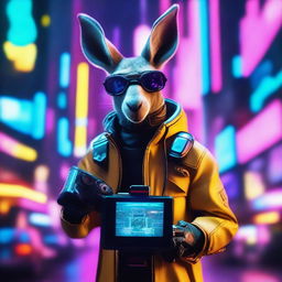 A cyberpunk kangaroo film maker in a futuristic cityscape, surrounded by neon lights and advanced technology