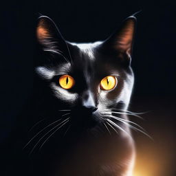 A black cat with glowing eyes sitting in the dark