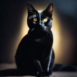 A black cat with glowing eyes sitting in the dark