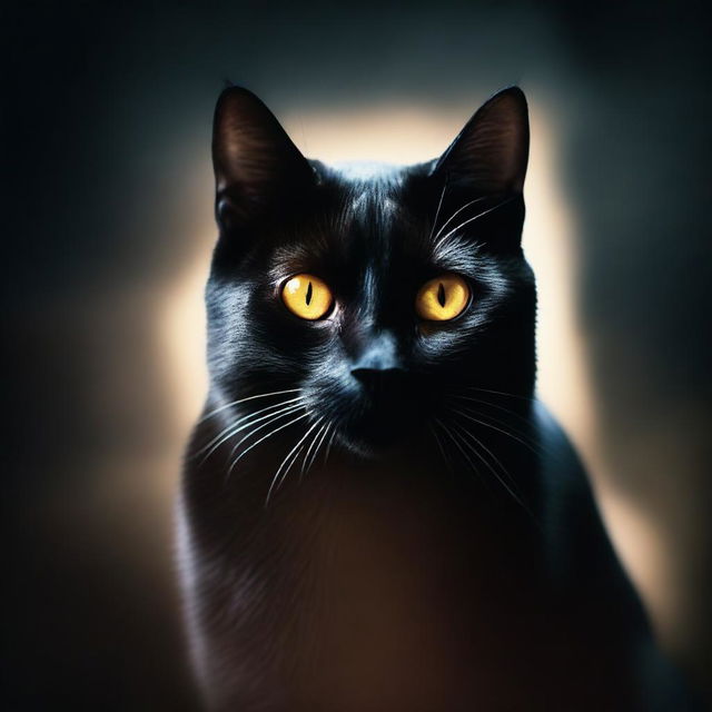 A black cat with glowing eyes sitting in the dark