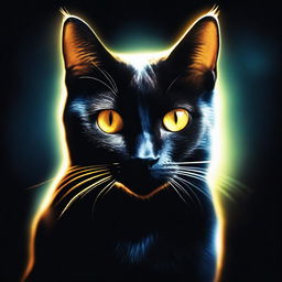 A black cat with glowing eyes sitting in the dark