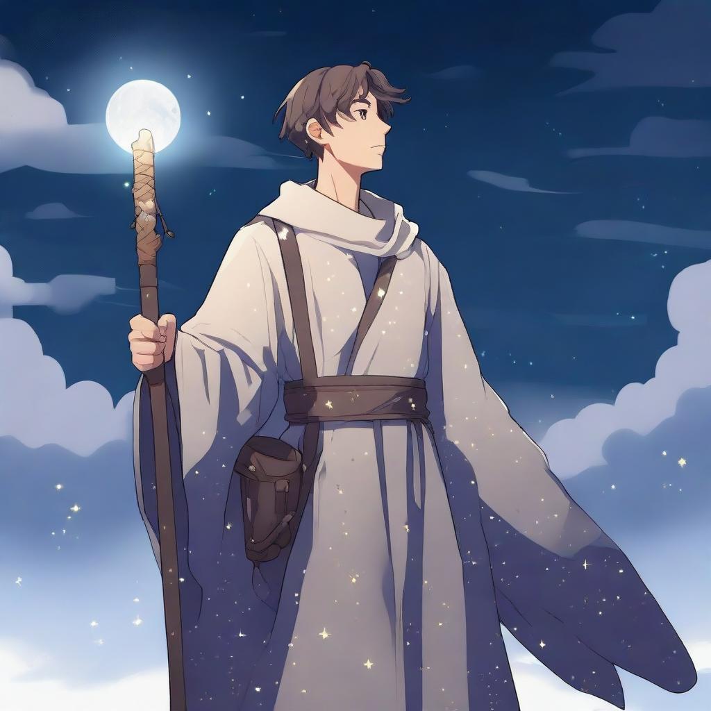 A young male human cleric stands before a night sky filled with stars and a bright moon