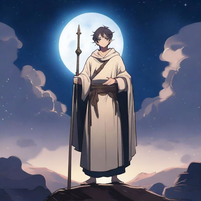 A young male human cleric stands before a night sky filled with stars and a bright moon