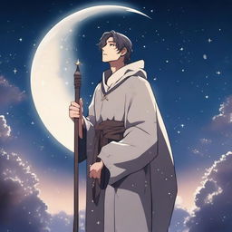 A young male human cleric stands before a night sky filled with stars and a bright moon