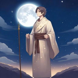 A young male human cleric stands before a night sky filled with stars and a bright moon