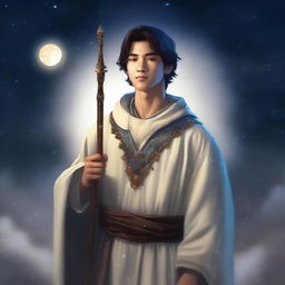 A realistic depiction of a young male human cleric standing before a night sky filled with stars and a bright moon