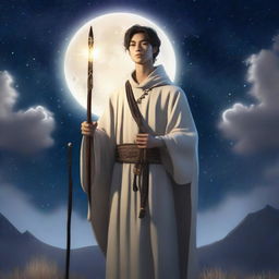 A realistic depiction of a young male human cleric standing before a night sky filled with stars and a bright moon