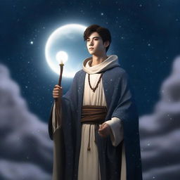 A realistic depiction of a young male human cleric standing before a night sky filled with stars and a bright moon