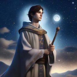 A realistic depiction of a young male human cleric standing before a night sky filled with stars and a bright moon