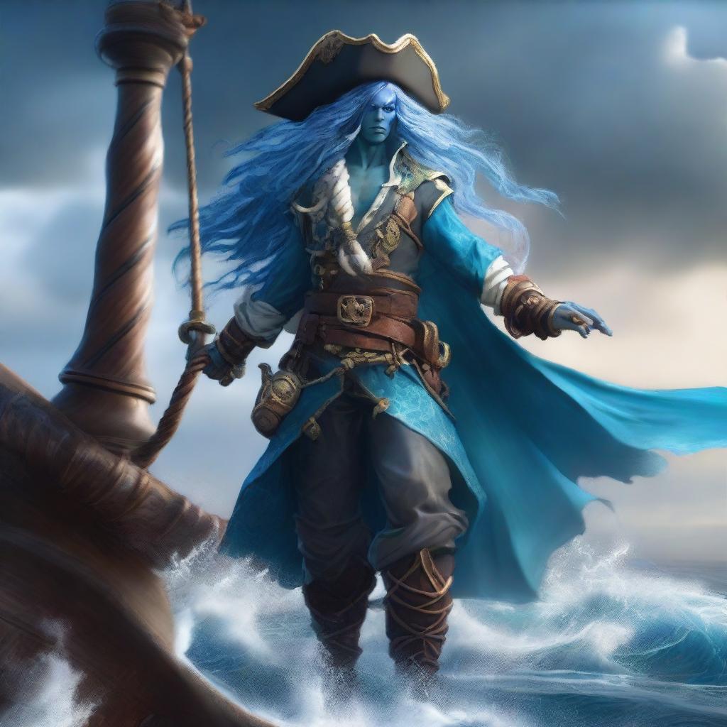 A water genasi tempest cleric dressed as a pirate, standing on the deck of a ship with stormy seas in the background