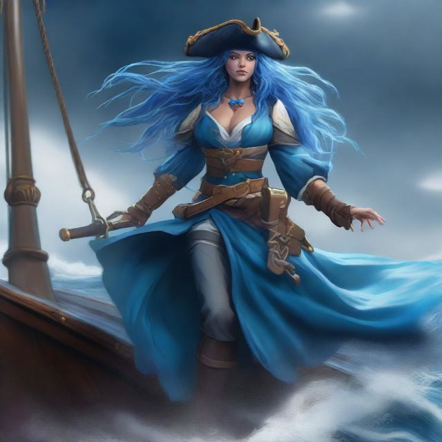 A water genasi tempest cleric dressed as a pirate, standing on the deck of a ship with stormy seas in the background