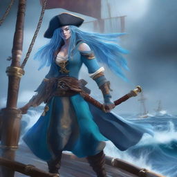 A water genasi tempest cleric dressed as a pirate, standing on the deck of a ship with stormy seas in the background