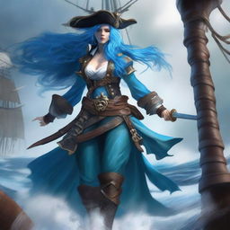 A water genasi tempest cleric dressed as a pirate, standing on the deck of a ship with stormy seas in the background