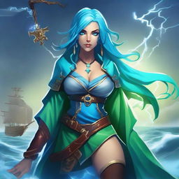 A water genasi tempest cleric pirate with light blue/aqua skin, darker blue hair, and bright aqua/green eyes