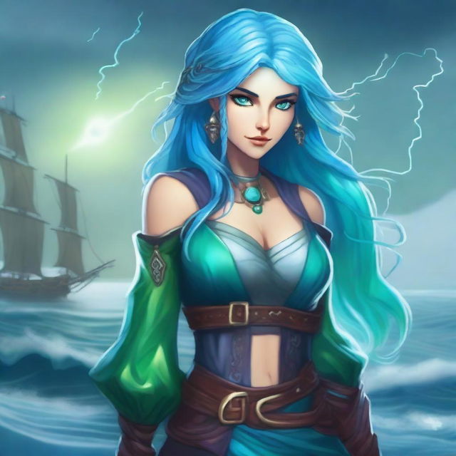 A water genasi tempest cleric pirate with light blue/aqua skin, darker blue hair, and bright aqua/green eyes