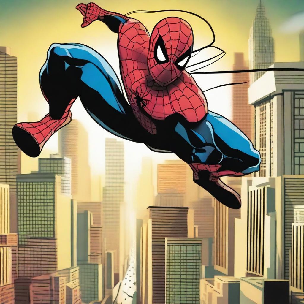 A dynamic and action-packed movie poster of the Spectacular Spider-Man swinging through the city, with a dramatic skyline in the background and webbing effects