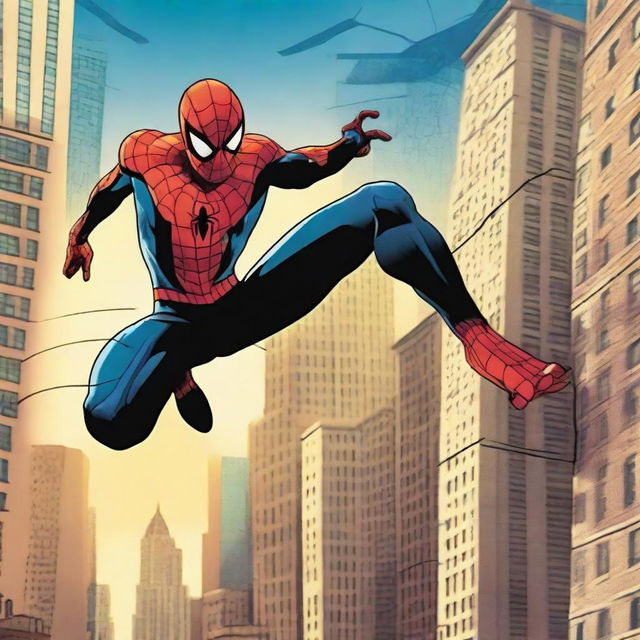 A dynamic and action-packed movie poster of the Spectacular Spider-Man swinging through the city, with a dramatic skyline in the background and webbing effects