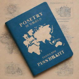 Revise the book cover to resemble a passport. The title, 'Poetry Travels The World With No Passport,' should be prominently featured. Integrate elements of a passport such as stamps, markings, and illustrations of various landmarks.