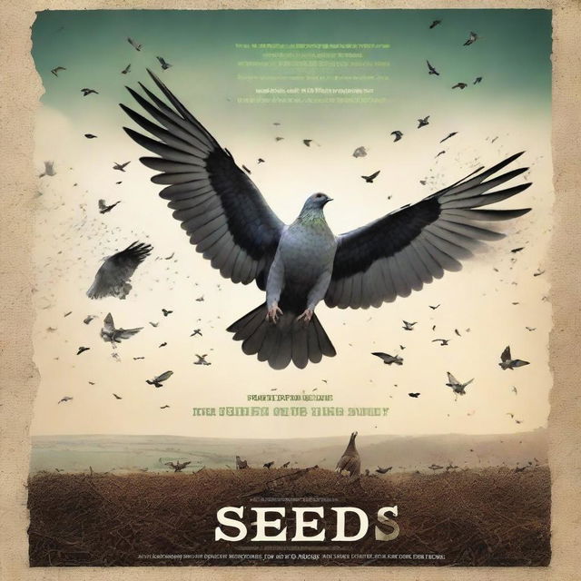 A dramatic movie poster for a film titled 'Seeds', depicting an epic war between pigeons and chickens on an Irish farm