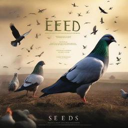 A dramatic movie poster for a film titled 'Seeds', depicting an epic war between pigeons and chickens on an Irish farm