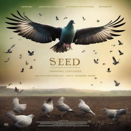 A dramatic movie poster for a film titled 'Seeds', depicting an epic war between pigeons and chickens on an Irish farm