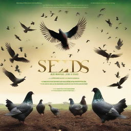 A dramatic movie poster for a film titled 'Seeds', depicting an epic war between pigeons and chickens on an Irish farm